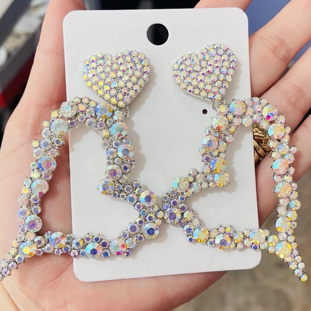 Large Irridescent Rhinestone Heart Earrings